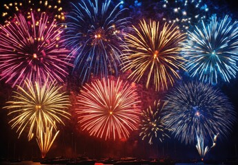 Colorful and Vibrant Fireworks Display Illuminating the Night Sky Over Water with a Spectacular Showcase of Colors and Patterns