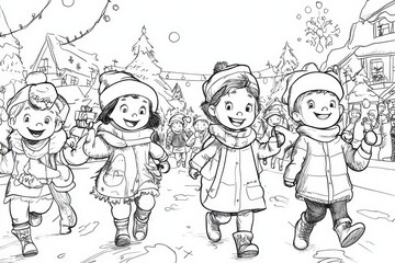 Children Playing in a Snowy Village