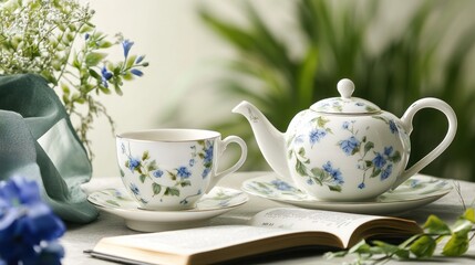 Fototapeta premium Floral teapot and teacup set on table with book.