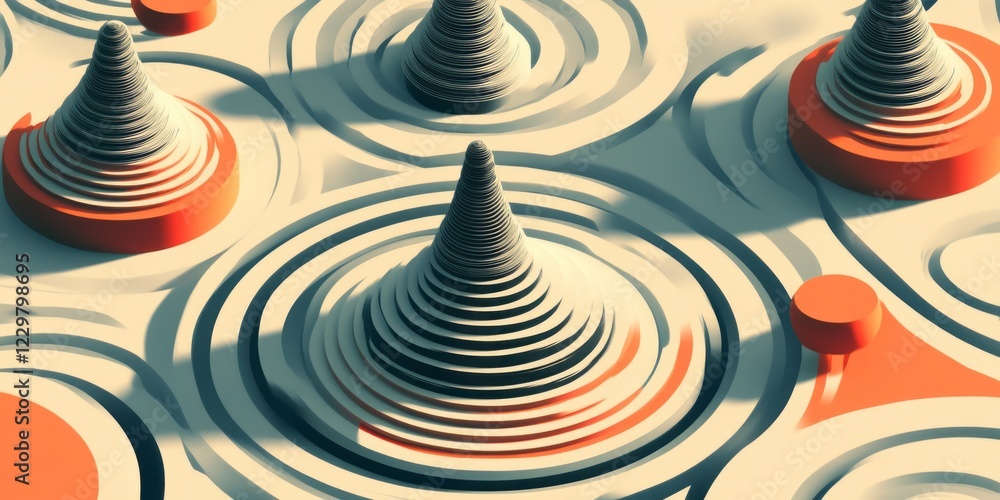 Poster a digital abstract landscape featuring conical shapes and circular patterns in warm, earthy tones, c