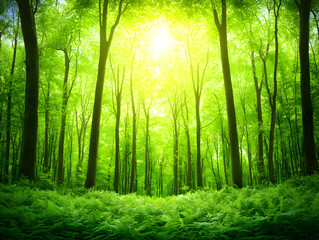 Naklejka premium Sunlit forest path, green foliage, nature backdrop, peaceful scene