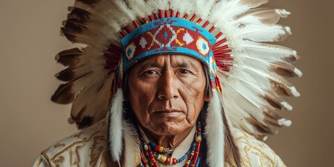 Obraz premium Traditional chief wearing an intricate feathered headdress. Ideal for cultural, historical, or artistic projects celebrating heritage and craftsmanship.