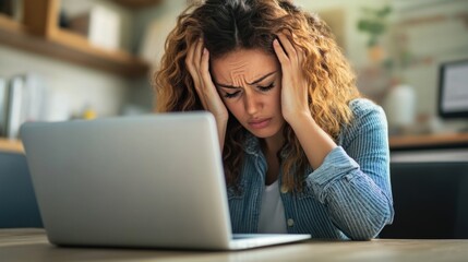 Fototapeta premium Stressed Woman Working on Laptop, Feeling Overwhelmed and Frustrated at Home Office