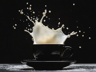 Captivating Splash of Milk in Slow Motion Captured in a Dark Setting With a Black Cup and Saucer