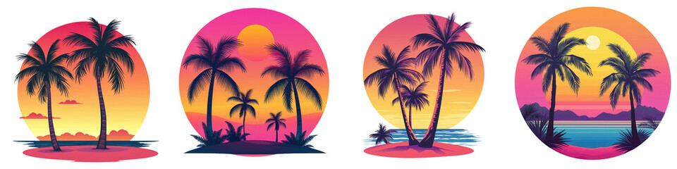 Obraz premium Breathtaking tropical sunset landscape with silhouetted palm trees against a vibrant orange and pink sky Tranquil island paradise with calm ocean waves lapping at the sandy shore Serene