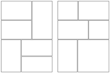 Comic book frame. Manga template on white background. Pop art page with grid. Blank with boxes for anime and dialog. Vector storyboard for magazine collage and posters.