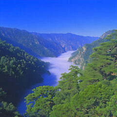 River canyon mist morning landscape, travel poster