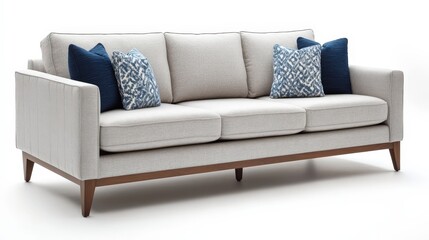 Fototapeta premium A stylish light gray sofa with wooden legs, adorned with four pillows: two solid dark blue and two with blue and white floral patterns. The elegant living room features framed artwork on the wall.