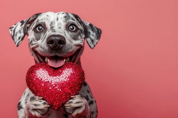 Catahoula leopard dog - my preferred dog. Ad campaign conceptual art. Cute catahoula leopard dog pooch with sparkling rhinestones red heart - emblem of love, funny greeting card. Dogs and love.