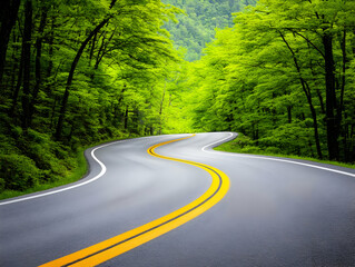 Winding road through lush forest