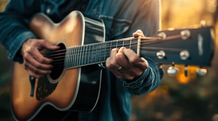 Obraz premium Acoustic Guitarist in Autumnal Setting