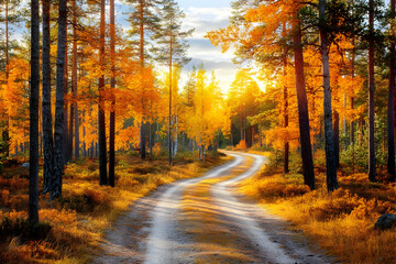 Obraz premium Autumn road, golden forest, sunset