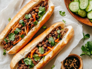 Crispy Vietnamese Banh Mi Served With Herbs, Pickled Vegetables, and Dipping Sauce in a Well-Lit Cafe