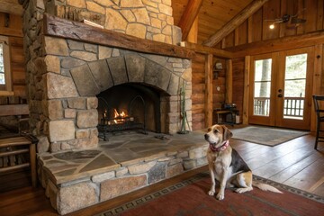An old stone fireplace in a rustic cabin with a dog sitting nearby and a bone at its feet, rustic cabin, dog paw print
