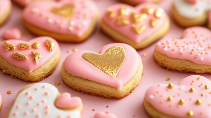 Valentine cookies shaped like hearts and decorated with metallic edible gold details, on a festive background