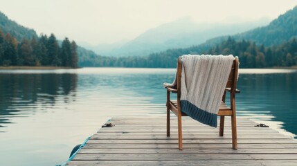 Mental health recovery and growth, A serene scene featuring a chair on a dock by a tranquil lake, draped with a cozy blanket, surrounded by misty mountains.