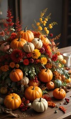 Autumnal Floral Centerpiece with Pumpkins and Fall Foliage, seasonal decor, autumn centerpieces, pumpkin centerpiece