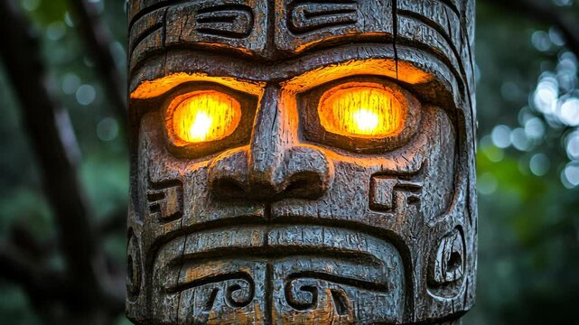 Carved wooden totem with glowing eyes illuminates the forest at twilight