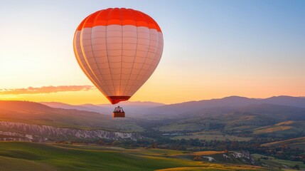 Mental health recovery and growth, A vibrant hot air balloon floats gracefully over lush valleys during a stunning sunset, showcasing beautiful colors and serene landscapes.