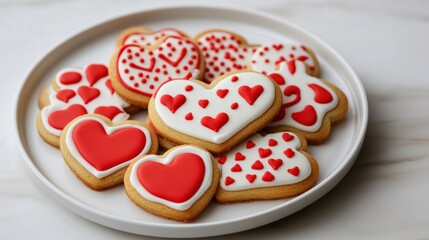 Valentine cookies with bold red and white icing designs, arranged on a modern white plate