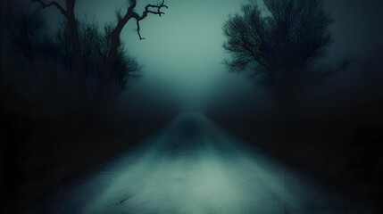 Fototapeta premium Foggy road, trees, dark night, mystery