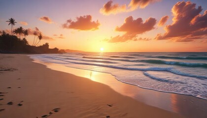 Beach with a lone figure walking towards the ocean as sunset approaches, Acapulco, golden hour, sunset approach