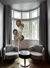 modern living room with chairs and balloons