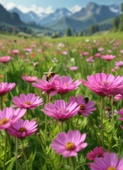 Obraz premium Bees feed on pink flowers in a lush green meadow , garden, flowers