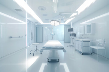 A modern operating room with high-tech surgical instruments, white surfaces, and a surgical table.