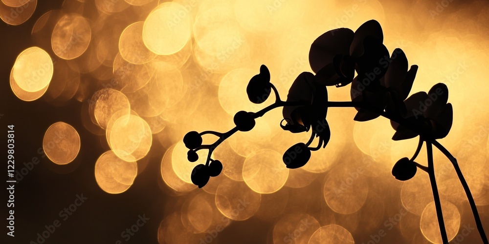 Poster orchid silhouette with golden bokeh, creating a dreamy and elegant visual effect.