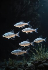 Bioluminescent Bonefish with Glowing Tails in Dark Waters, glowing tails, underwater landscape