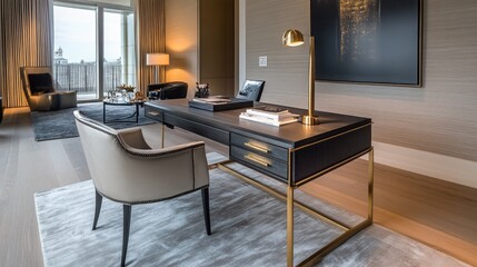 A refined workspace featuring a sleek desk with gold drawer handles.