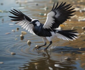 Fototapeta premium Bird with black tail feathers and white wing patches foraging in shallow water, water foraging, wading bird