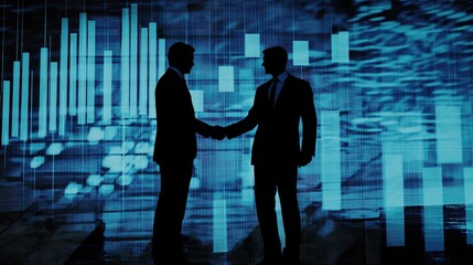Obraz premium Business handshake with financial graphs in background (close up, focus on, copy space) professional and sharp contrast, double exposure silhouette with corporate executives. 