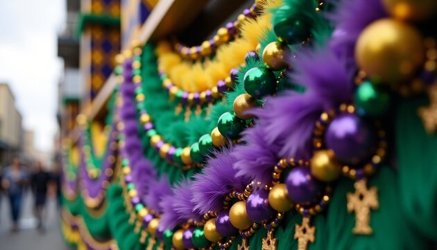 Colorful Mardi Gras beads and decorations on parade float.