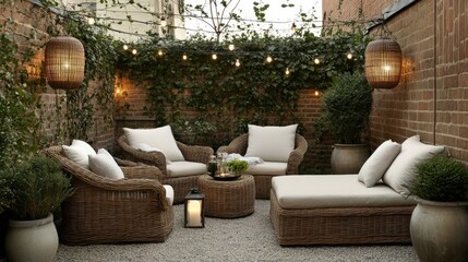 Obraz premium A relaxing outdoor patio with rattan chairs, soft lighting, and neutral cushions.