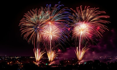 Colorful Fireworks Display Over Dark Night Sky with Bright Explosions Lighting Up Cityscape in Celebration of a National Holiday or Special Event