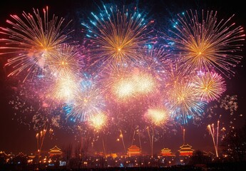Colorful Fireworks Display Over Historic Architecture at Night in a Vibrant Celebration of Culture and Tradition Illuminating the Dark Sky