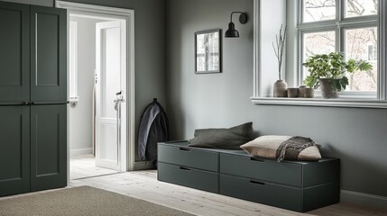 A Scandinavian-inspired living room with an open layout and hidden storage benches.