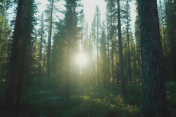 Fototapeta premium Sunlit forest, tranquil nature scene, morning light