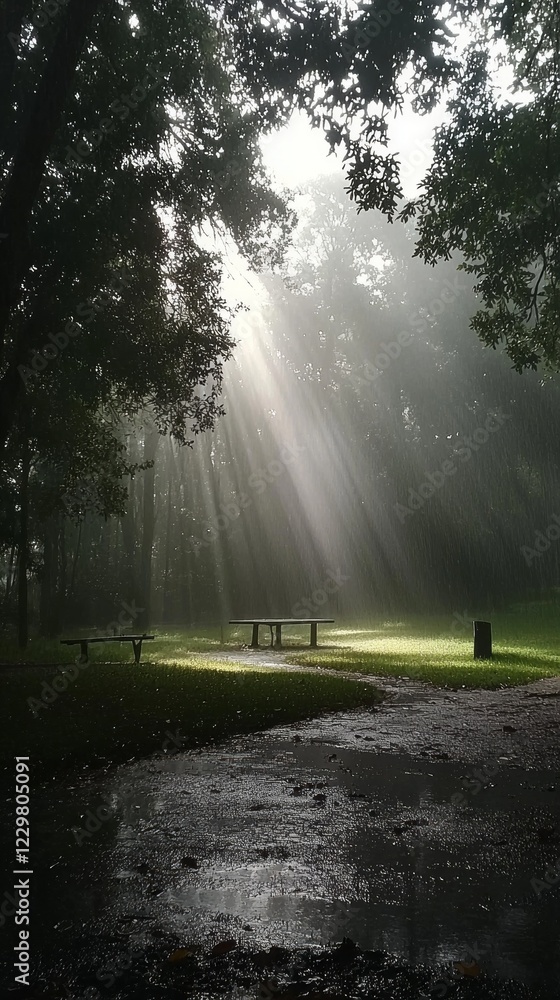 Aufkleber a serene forest enveloped in dense fog, with soft rays of sunlight piercing through the trees. a pic