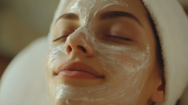 Relaxed woman receiving a facial treatment at a spa. Ideal for wellness, skincare, and beauty-related promotions. Perfect for salons, spa ads, and skincare brands.