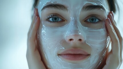 Fototapeta premium Relaxed woman receiving a facial treatment at a spa. Ideal for wellness, skincare, and beauty-related promotions. Perfect for salons, spa ads, and skincare brands.