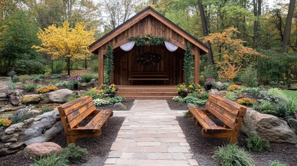 Rustic wooden wedding gazebo in autumn garden.
