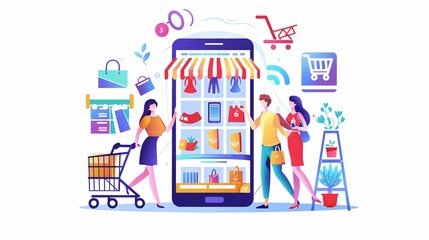 Fototapeta premium Smart Online Buyers: Ecommerce App for Retail Shop, Modern Technology Solutions