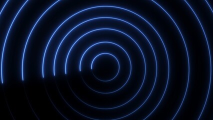 Abstract neon circles on black background. Glowing circle seamless looping. Neon blue geometric circle glowing illustration background.