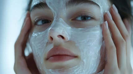 Fototapeta premium Relaxed woman receiving a facial treatment at a spa. Ideal for wellness, skincare, and beauty-related promotions. Perfect for salons, spa ads, and skincare brands.