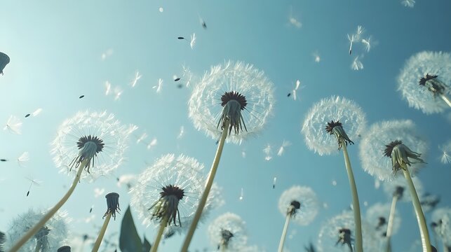 Fototapeta Dandelions and Wildflowers in a Breezy Blue Sky
