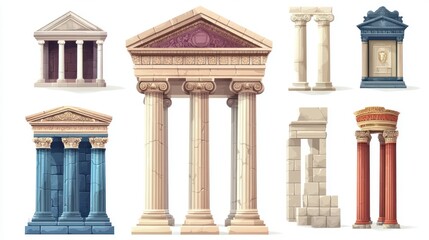 Naklejka premium Collection of classical columns, temples, and ruins.