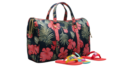 Black and Red Floral Handbag with Gold Accents and Matching Sand